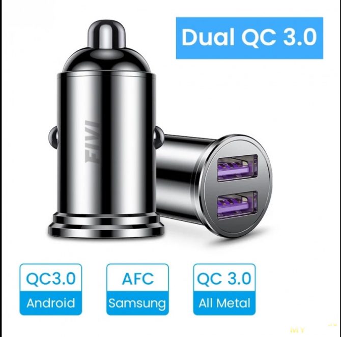 Автомобильное зарядное устройство FIVI с 2 портами и QC3.0 с купоном за 3.31$