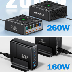 35.90$-63.20$ Зарядная станция 260Вт Asometech GaN Charger на 5 портов плюс беспроводная зарядка