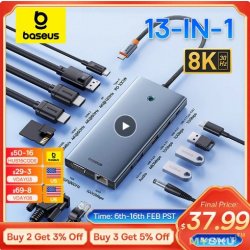 Скидка $16 на хаб от Baseus (USB Type C to HDMI-Compatible HUB Adapter 13-In-1), цена после применения купона — $37