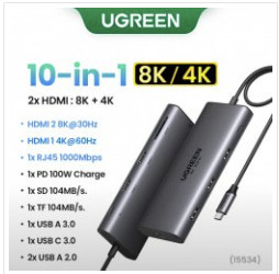 Хаб UGREEN Dual HDMI USB HUB 8K+4К HDMI 10 в 1 за 2807 руб