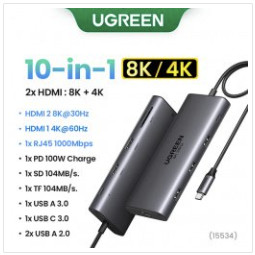 USB-хабы UGREEN (13 видов), в частности 10-в-1 в парой HDMI за 3 025 ₽ из РФ
